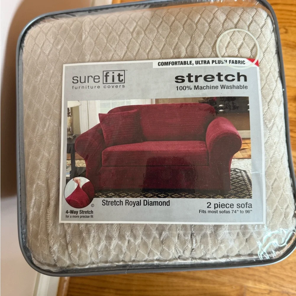 Sure Fit Stretch Sofa Cover in beige royal diamond pattern